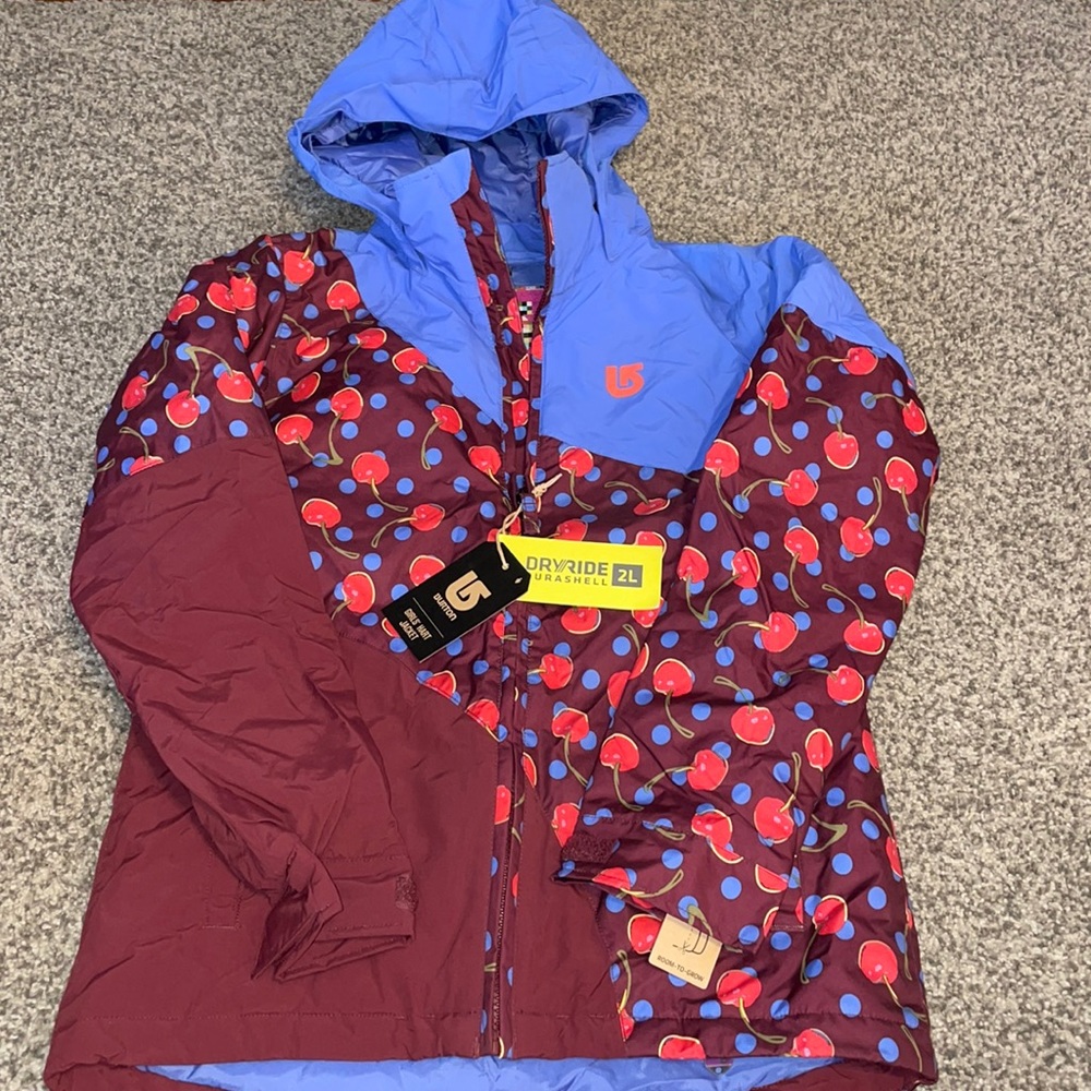 Burton Kids Cherry-Print Hooded Raincoat in Maroon and Light Blue